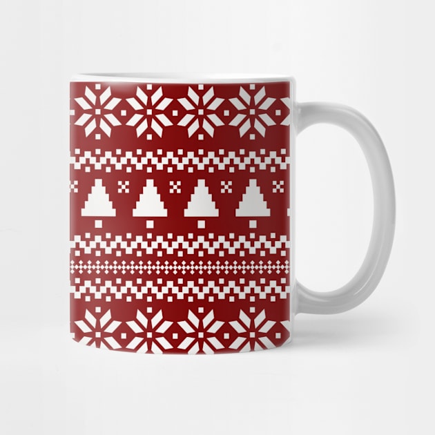 Dark Christmas Candy Apple Red Nordic Trees Stripe in White by podartist